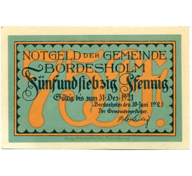 Банкнота 75 пфеннигов 1921 года Германия — Бордесхольм (Нотгельд) (Артикул: K10-12335) — Фото №1