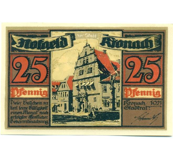 Банкнота 25 пфеннигов 1921 года Германия — Кронах (Нотгельд) (Артикул: K10-12362) — Фото №1