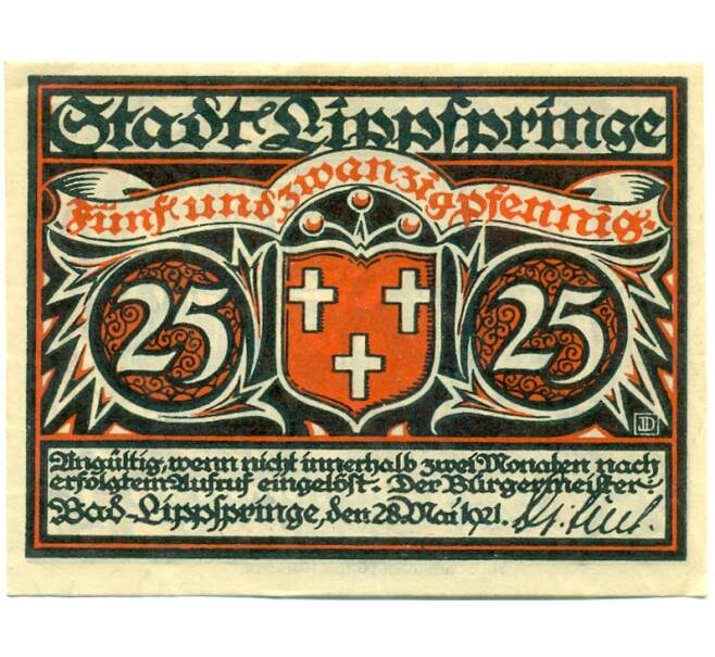 Банкнота 25 пфеннигов 1921 года Германия — Бад-Липпшпринге (Нотгельд) (Артикул: K10-12377) — Фото №1