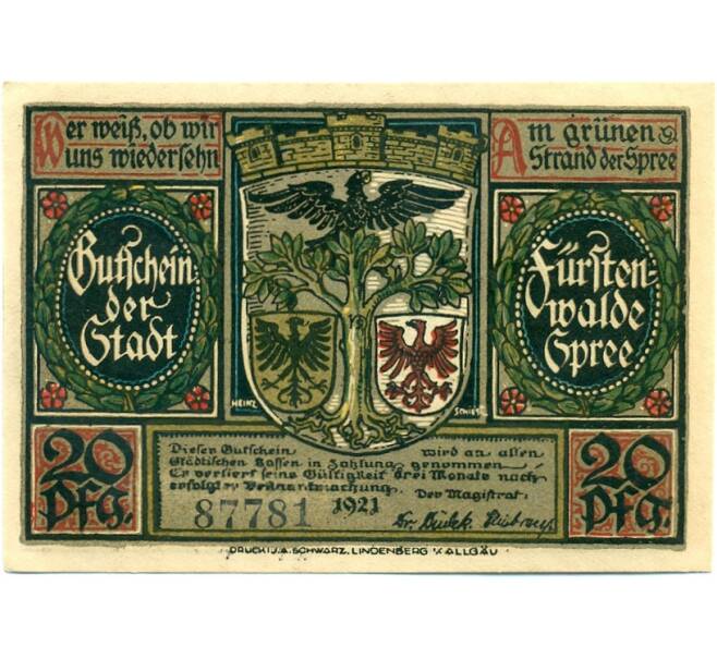 Банкнота 20 пфеннигов 1921 года Германия — Фюрстенвальде (Нотгельд) (Артикул: K10-12384) — Фото №1