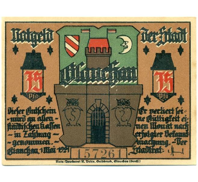 Банкнота 75 пфеннигов 1921 года Германия — Глаухау (Нотгельд) (Артикул: K10-12393) — Фото №2