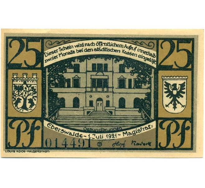 Банкнота 25 пфеннигов 1921 года Германия — Эберсвальде (Нотгельд) (Артикул: K10-12398) — Фото №2