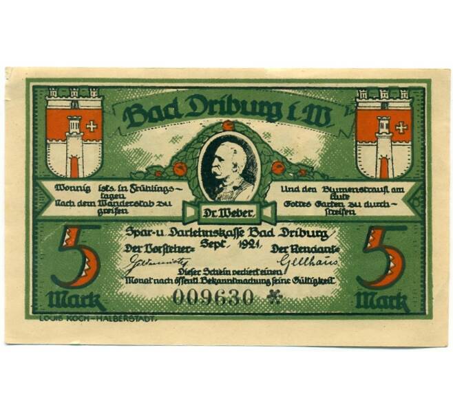Банкнота 5 марок 1921 года Германия — Бад-Дрибург (Нотгельд) (Артикул: K10-12432) — Фото №1