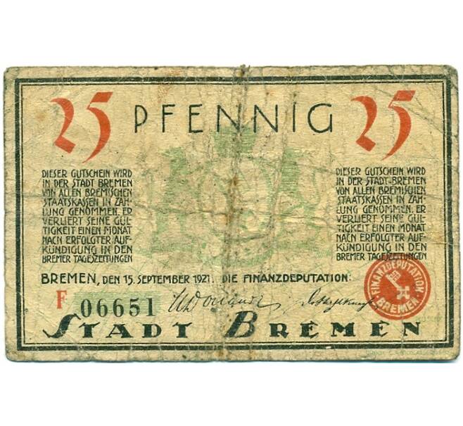 Банкнота 25 пфеннигов 1921 года Германия — Бремен (Нотгельд) (Артикул: K10-12452) — Фото №1
