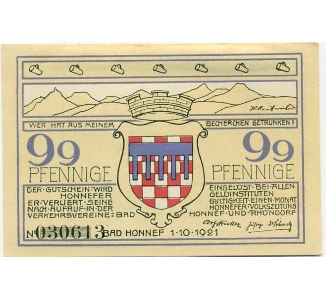 Банкнота 99 пфеннигов 1921 года Германия — Бад-Хоннеф (Нотгельд) (Артикул: K10-12474) — Фото №1