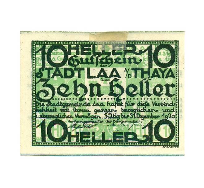 Банкнота 10 геллеров 1920 года Австрия — Ла-ан-дер-Тайя (Нотгельд) (Артикул: B2-16324) — Фото №1