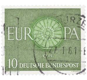 Почтовая марка 10 пфеннигов 1960 года Западная Германия (ФРГ) «Европейская конференция администраций почтовых служб и служб связи CEPT — Колесо» — Фото №1