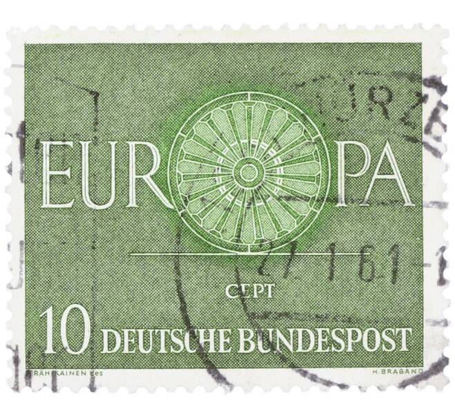 Почтовая марка 10 пфеннигов 1960 года Западная Германия (ФРГ) «Европейская конференция администраций почтовых служб и служб связи CEPT — Колесо» (Артикул: T11-35883) — Фото №1
