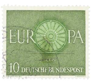 Почтовая марка 10 пфеннигов 1960 года Западная Германия (ФРГ) «Европейская конференция администраций почтовых служб и служб связи CEPT — Колесо» — Фото №1