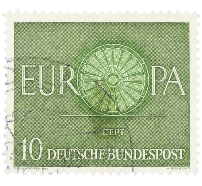 Почтовая марка 10 пфеннигов 1960 года Западная Германия (ФРГ) «Европейская конференция администраций почтовых служб и служб связи CEPT — Колесо» (Артикул: T11-35885) — Фото №1