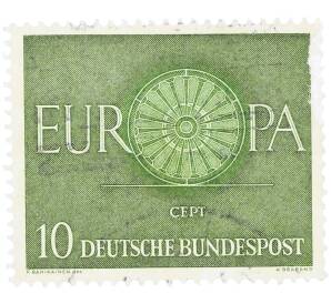 Почтовая марка 10 пфеннигов 1960 года Западная Германия (ФРГ) «Европейская конференция администраций почтовых служб и служб связи CEPT — Колесо» — Фото №1
