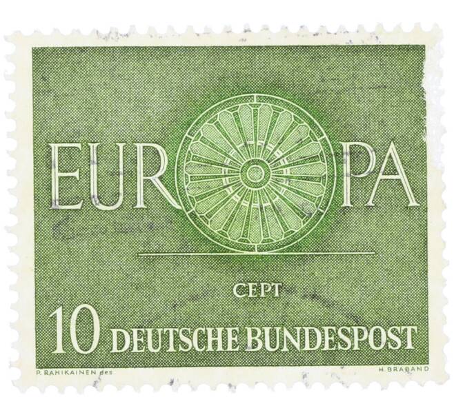 Почтовая марка 10 пфеннигов 1960 года Западная Германия (ФРГ) «Европейская конференция администраций почтовых служб и служб связи CEPT — Колесо» (Артикул: T11-35886) — Фото №1