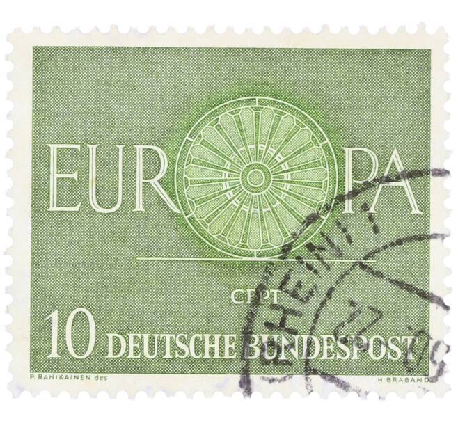 Почтовая марка 10 пфеннигов 1960 года Западная Германия (ФРГ) «Европейская конференция администраций почтовых служб и служб связи CEPT — Колесо» (Артикул: T11-35887) — Фото №1