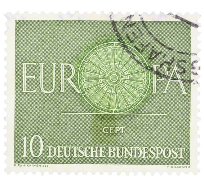 Почтовая марка 10 пфеннигов 1960 года Западная Германия (ФРГ) «Европейская конференция администраций почтовых служб и служб связи CEPT — Колесо» (Артикул: T11-35888) — Фото №1