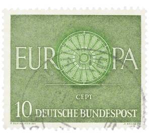 Почтовая марка 10 пфеннигов 1960 года Западная Германия (ФРГ) «Европейская конференция администраций почтовых служб и служб связи CEPT — Колесо» — Фото №1