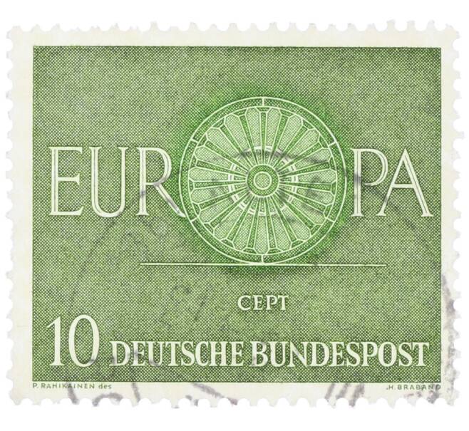 Почтовая марка 10 пфеннигов 1960 года Западная Германия (ФРГ) «Европейская конференция администраций почтовых служб и служб связи CEPT — Колесо» (Артикул: T11-35889) — Фото №1