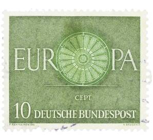 Почтовая марка 10 пфеннигов 1960 года Западная Германия (ФРГ) «Европейская конференция администраций почтовых служб и служб связи CEPT — Колесо» — Фото №1