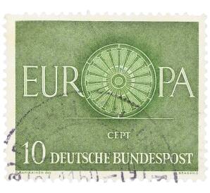 Почтовая марка 10 пфеннигов 1960 года Западная Германия (ФРГ) «Европейская конференция администраций почтовых служб и служб связи CEPT — Колесо» — Фото №1