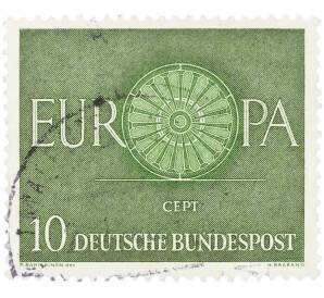 Почтовая марка 10 пфеннигов 1960 года Западная Германия (ФРГ) «Европейская конференция администраций почтовых служб и служб связи CEPT — Колесо» — Фото №1