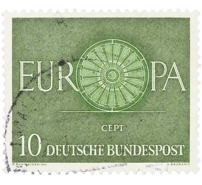 Почтовая марка 10 пфеннигов 1960 года Западная Германия (ФРГ) «Европейская конференция администраций почтовых служб и служб связи CEPT — Колесо» (Артикул: T11-35892) — Фото №1