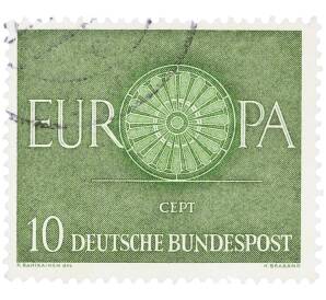 Почтовая марка 10 пфеннигов 1960 года Западная Германия (ФРГ) «Европейская конференция администраций почтовых служб и служб связи CEPT — Колесо» — Фото №1