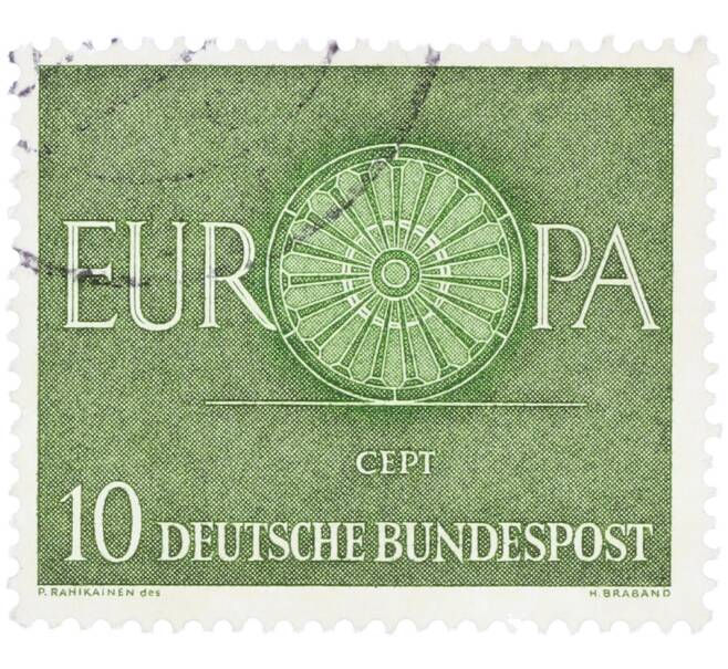 Почтовая марка 10 пфеннигов 1960 года Западная Германия (ФРГ) «Европейская конференция администраций почтовых служб и служб связи CEPT — Колесо» (Артикул: T11-35893) — Фото №1