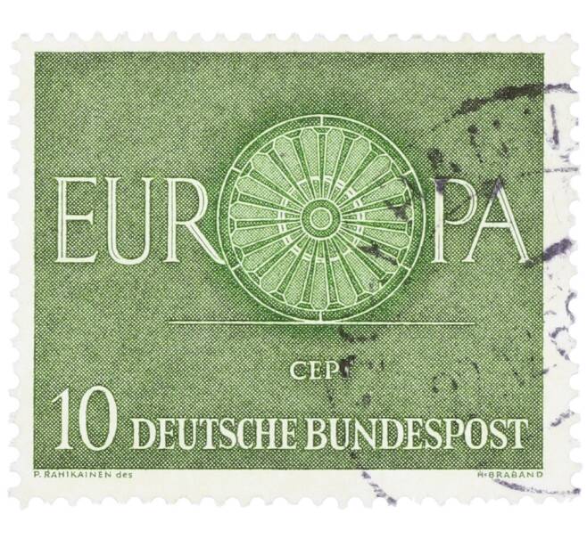 Почтовая марка 10 пфеннигов 1960 года Западная Германия (ФРГ) «Европейская конференция администраций почтовых служб и служб связи CEPT — Колесо» (Артикул: T11-35894) — Фото №1