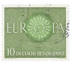 Почтовая марка 10 пфеннигов 1960 года Западная Германия (ФРГ) «Европейская конференция администраций почтовых служб и служб связи CEPT — Колесо»