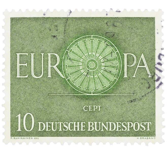 Почтовая марка 10 пфеннигов 1960 года Западная Германия (ФРГ) «Европейская конференция администраций почтовых служб и служб связи CEPT — Колесо» (Артикул: T11-35896) — Фото №1