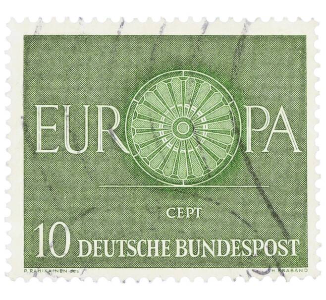 Почтовая марка 10 пфеннигов 1960 года Западная Германия (ФРГ) «Европейская конференция администраций почтовых служб и служб связи CEPT — Колесо» (Артикул: T11-35930) — Фото №1
