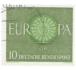 Почтовая марка 10 пфеннигов 1960 года Западная Германия (ФРГ) «Европейская конференция администраций почтовых служб и служб связи CEPT — Колесо» — Фото №1