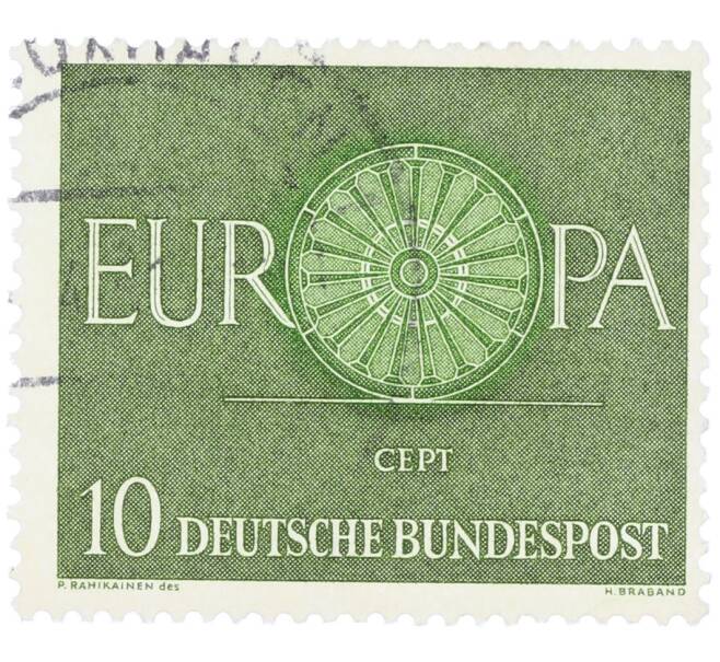 Почтовая марка 10 пфеннигов 1960 года Западная Германия (ФРГ) «Европейская конференция администраций почтовых служб и служб связи CEPT — Колесо» (Артикул: T11-35931) — Фото №1