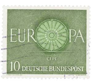 Почтовая марка 10 пфеннигов 1960 года Западная Германия (ФРГ) «Европейская конференция администраций почтовых служб и служб связи CEPT — Колесо» — Фото №1