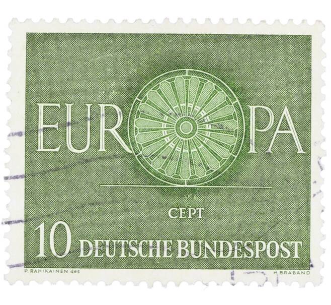 Почтовая марка 10 пфеннигов 1960 года Западная Германия (ФРГ) «Европейская конференция администраций почтовых служб и служб связи CEPT — Колесо» (Артикул: T11-35934) — Фото №1