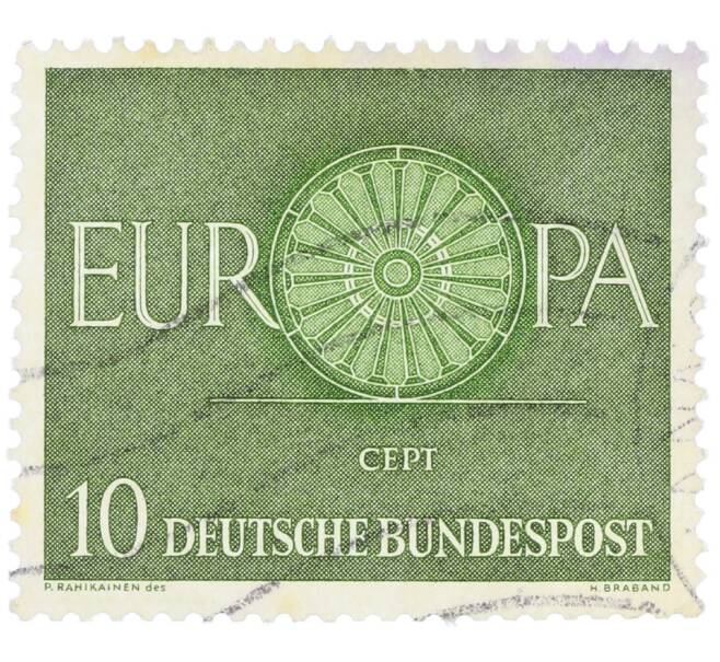 Почтовая марка 10 пфеннигов 1960 года Западная Германия (ФРГ) «Европейская конференция администраций почтовых служб и служб связи CEPT — Колесо» (Артикул: T11-35935) — Фото №1
