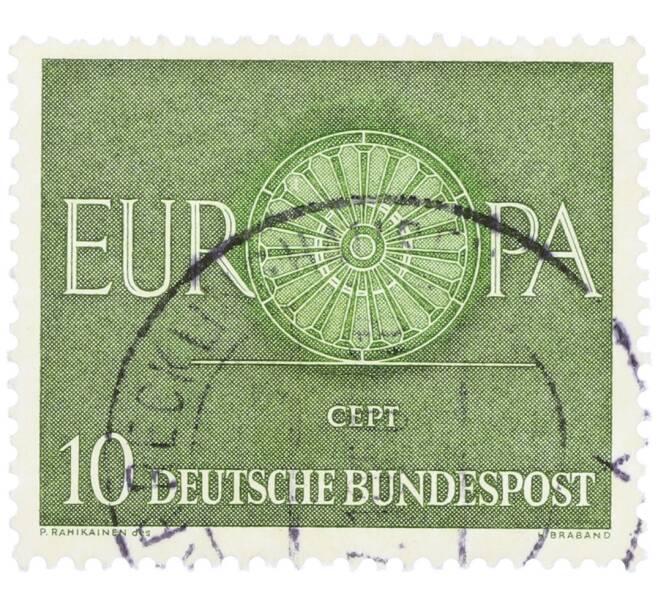 Почтовая марка 10 пфеннигов 1960 года Западная Германия (ФРГ) «Европейская конференция администраций почтовых служб и служб связи CEPT — Колесо» (Артикул: T11-35936) — Фото №1