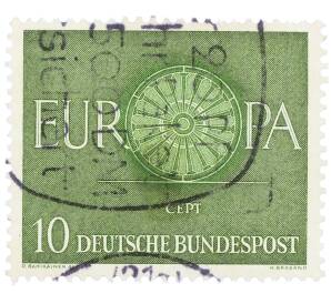 Почтовая марка 10 пфеннигов 1960 года Западная Германия (ФРГ) «Европейская конференция администраций почтовых служб и служб связи CEPT — Колесо» — Фото №1