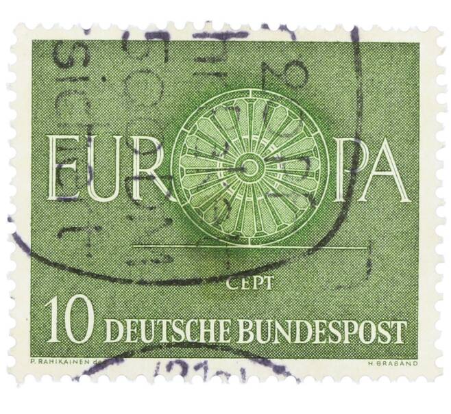 Почтовая марка 10 пфеннигов 1960 года Западная Германия (ФРГ) «Европейская конференция администраций почтовых служб и служб связи CEPT — Колесо» (Артикул: T11-35937) — Фото №1