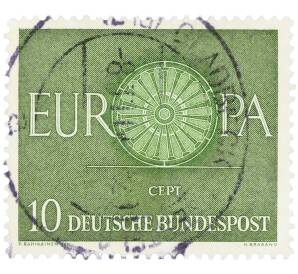 Почтовая марка 10 пфеннигов 1960 года Западная Германия (ФРГ) «Европейская конференция администраций почтовых служб и служб связи CEPT — Колесо» — Фото №1