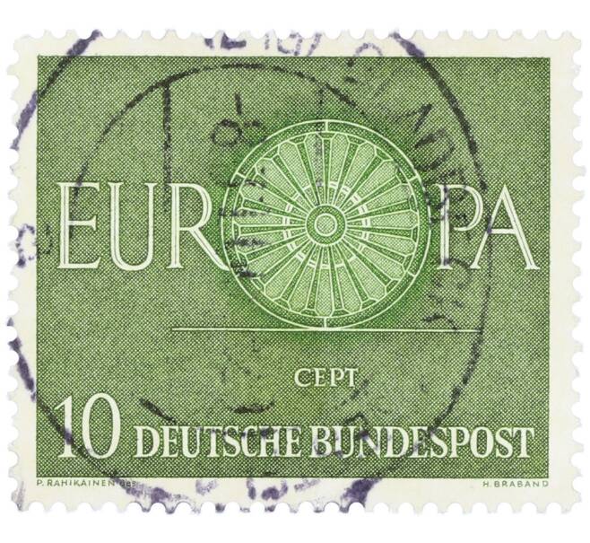 Почтовая марка 10 пфеннигов 1960 года Западная Германия (ФРГ) «Европейская конференция администраций почтовых служб и служб связи CEPT — Колесо» (Артикул: T11-35938) — Фото №1