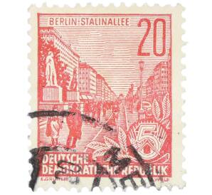 Почтовая марка 20 пфеннигов 1955 года Восточная Германия (ГДР) «Пятилетний план — Проспект Сталина» — Фото №1