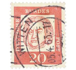 Почтовая марка 20 пфеннигов 1961 года Западная Германия (ФРГ) «Выдающиеся немцы — Иоганн Себастьян Бах» — Фото №1