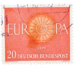 Почтовая марка 20 пфеннигов 1960 года Западная Германия (ФРГ) «Европейская конференция администраций почтовых служб и служб связи CEPT — Колесо» — Фото №1