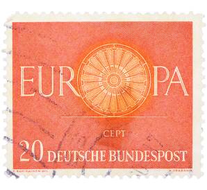Почтовая марка 20 пфеннигов 1960 года Западная Германия (ФРГ) «Европейская конференция администраций почтовых служб и служб связи CEPT — Колесо» — Фото №1