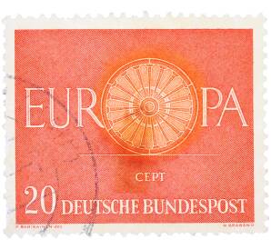 Почтовая марка 20 пфеннигов 1960 года Западная Германия (ФРГ) «Европейская конференция администраций почтовых служб и служб связи CEPT — Колесо» — Фото №1