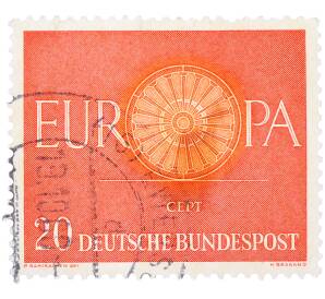 Почтовая марка 20 пфеннигов 1960 года Западная Германия (ФРГ) «Европейская конференция администраций почтовых служб и служб связи CEPT — Колесо» — Фото №1