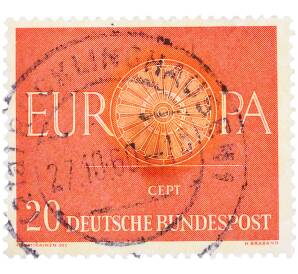 Почтовая марка 20 пфеннигов 1960 года Западная Германия (ФРГ) «Европейская конференция администраций почтовых служб и служб связи CEPT — Колесо» — Фото №1