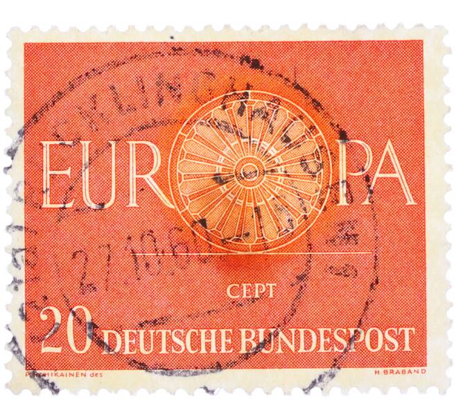 Почтовая марка 20 пфеннигов 1960 года Западная Германия (ФРГ) «Европейская конференция администраций почтовых служб и служб связи CEPT — Колесо» (Артикул: T11-36113) — Фото №1