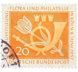 Почтовая марка 20 пфеннигов 1957 года Западная Германия (ФРГ) «Выставка почтовых марок в Кельне — Флора и филателия» — Фото №1