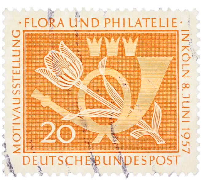 Почтовая марка 20 пфеннигов 1957 года Западная Германия (ФРГ) «Выставка почтовых марок в Кельне — Флора и филателия» (Артикул: T11-36132) — Фото №1